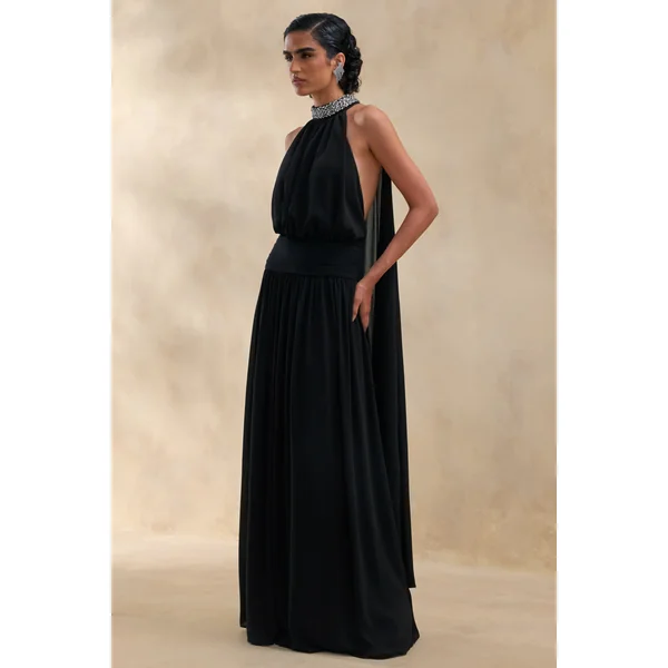Marie | Robe longue noire à encolure américaine ornée