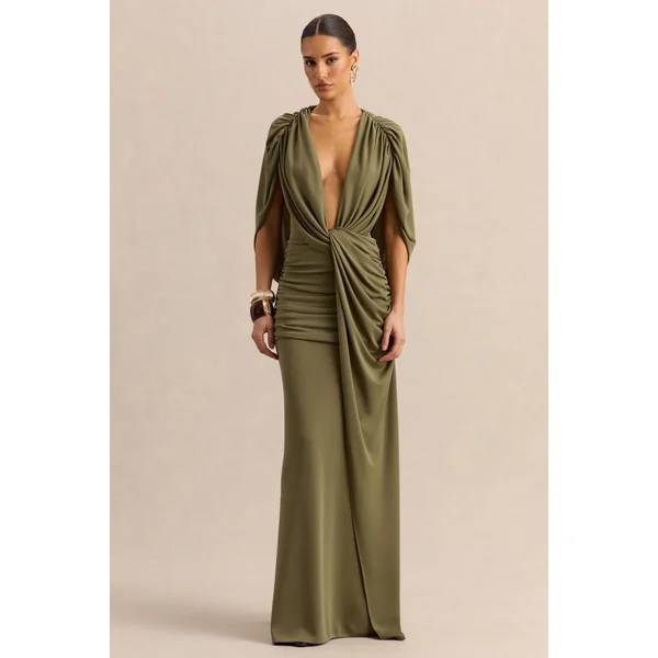 Marisea | Robe longue verte à décolleté plongeant avec manches cape