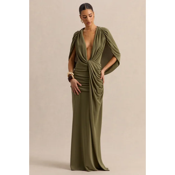 Marisea | Robe longue verte à décolleté plongeant avec manches cape