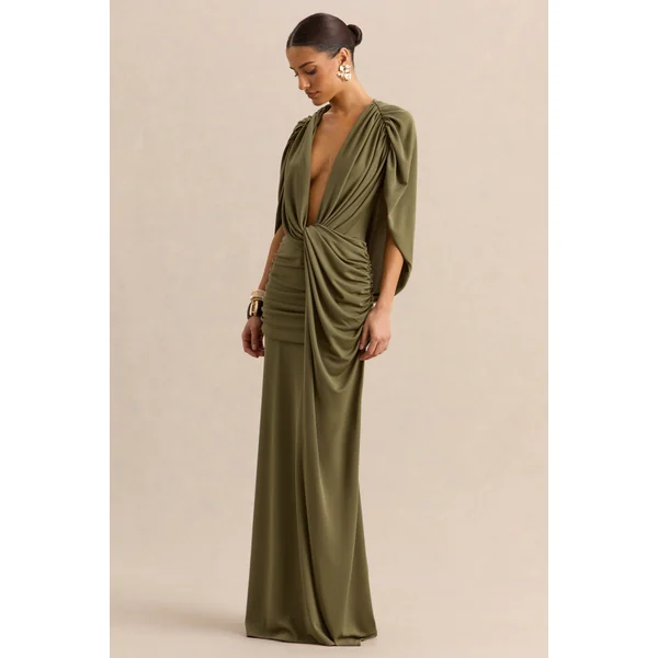 Marisea | Robe longue verte à décolleté plongeant avec manches cape