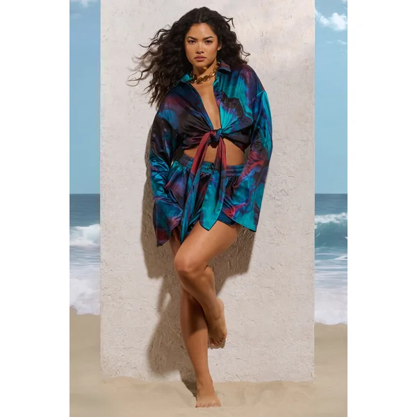 Marisela | Chemise crop top en satin imprimé bleu à manches longues