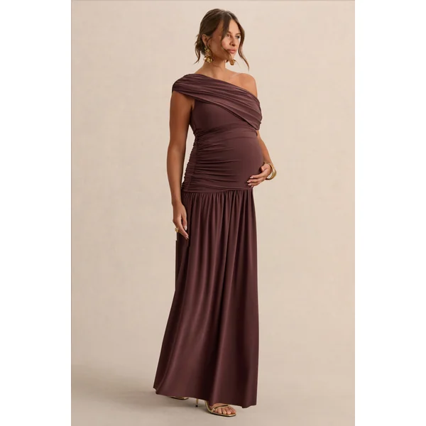 Marjorie | Robe longue de maternité marron foncé à encolure asymétrique