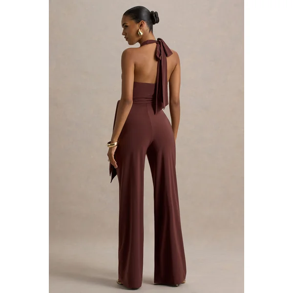 Marlais | Combinaison Chocolat à Décolleté Plongeant avec Taille Nouée