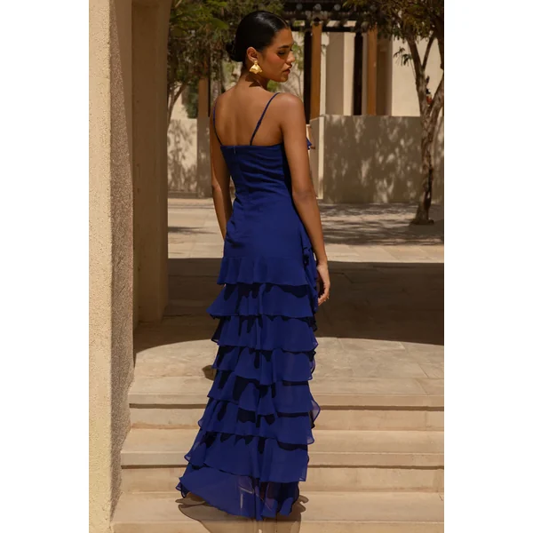Marlee | Robe Longue Asymétrique en Chiffon Bleu à Décolleté Plongeant