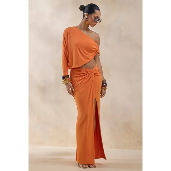 Marlena | Jupe longue orange fendue à taille torsadée