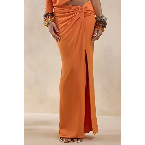 Marlena | Jupe longue orange fendue à taille torsadée