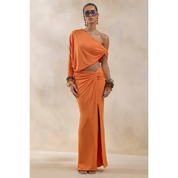 Marlena | Jupe longue orange fendue à taille torsadée