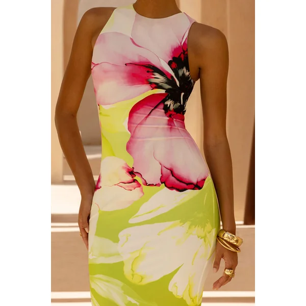 Marlo | Robe longue à col montant imprimé floral citron vert avec détails froncés