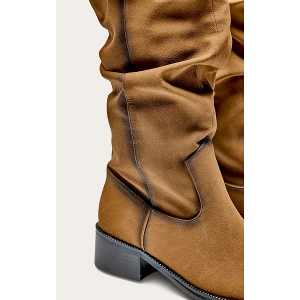 Marron Bottes Hautes Plissées À Talon Bas En Synthétique