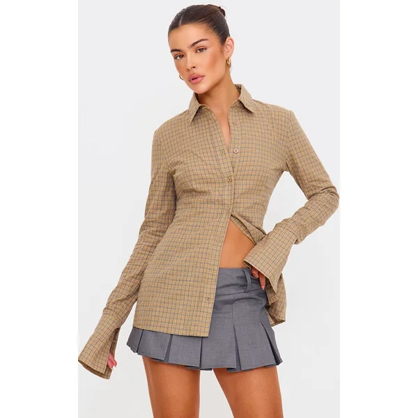 Marron Chemise Cintrée Tissée À Fines Rayures