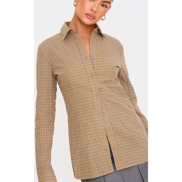 Marron Chemise Cintrée Tissée À Fines Rayures