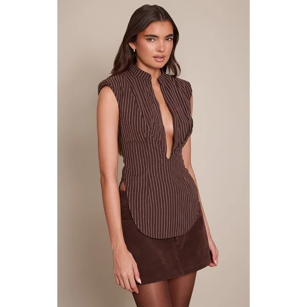 Marron Chemise Sans Manches Ajustée À Rayures Avec Épaulettes