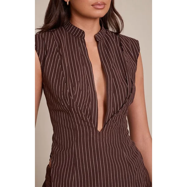 Marron Chemise Sans Manches Ajustée À Rayures Avec Épaulettes