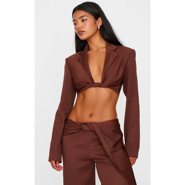 Marron Choco Blazer Court À Manches Longues Avec Détail Torsadé Coordonné