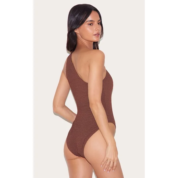 Marron Choco Maillot De Bain Une Épaule À Découpe Marron Chocolat Froissé