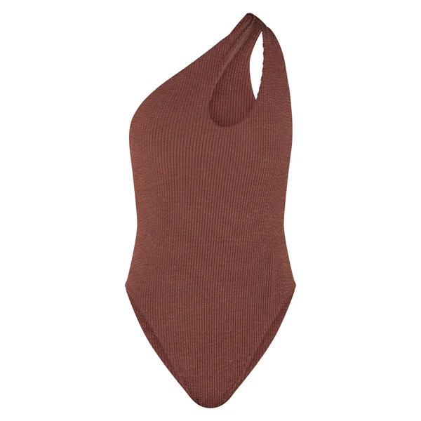 Marron Choco Maillot De Bain Une Épaule À Découpe Marron Chocolat Froissé