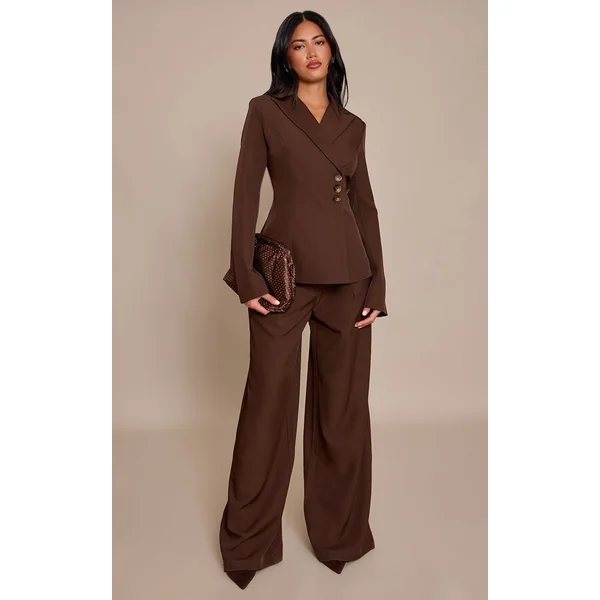Marron Chocolat Ensemble Blazer Cintré À La Taille En Tissu Tissé