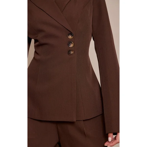 Marron Chocolat Ensemble Blazer Cintré À La Taille En Tissu Tissé