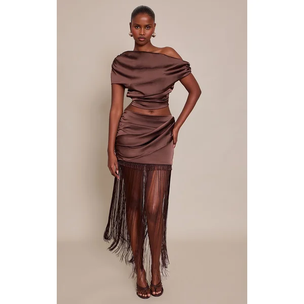 Marron Chocolat Ensemble Jupe Mini À Ourlet À Franges Perlées En Satin
