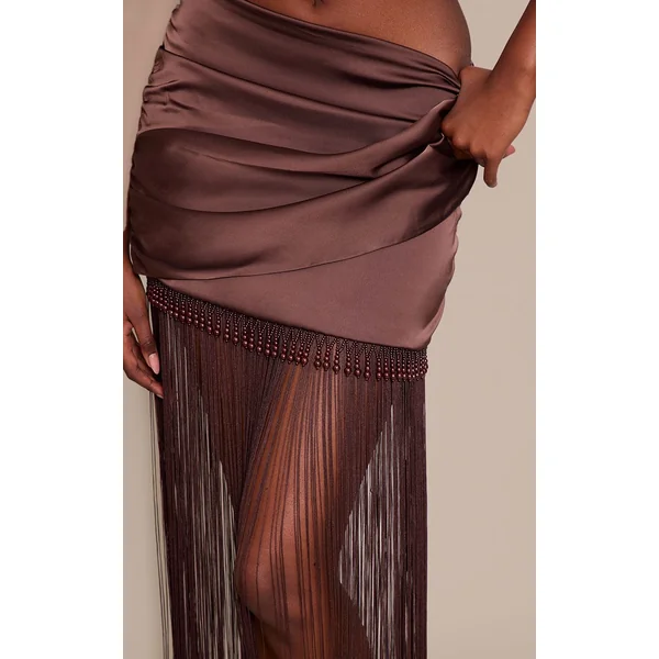 Marron Chocolat Ensemble Jupe Mini À Ourlet À Franges Perlées En Satin