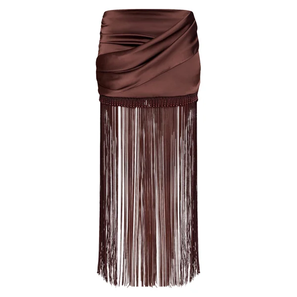 Marron Chocolat Ensemble Jupe Mini À Ourlet À Franges Perlées En Satin