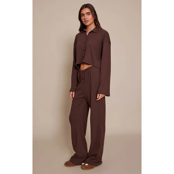 Marron Chocolat Pantalon Large À Cordon En Maille Côtelée Brossée Ensemble Coordonné