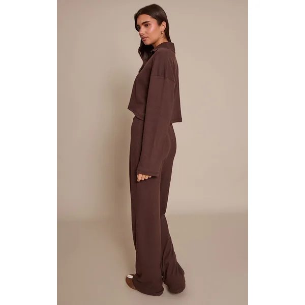 Marron Chocolat Pantalon Large À Cordon En Maille Côtelée Brossée Ensemble Coordonné