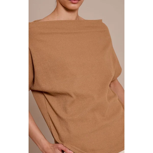 Marron Clair Haut Long Ample Asymétrique En Côtes Épaisses