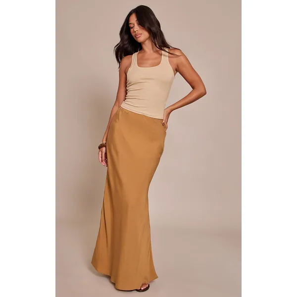 Marron Clair Jupe Longue Basique En Tencel