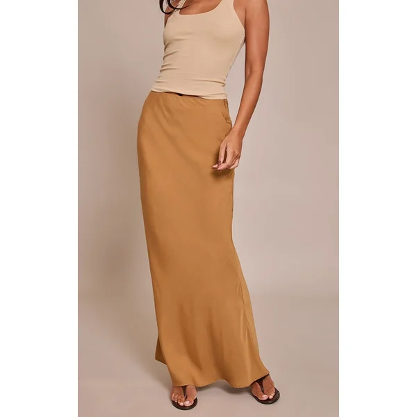 Marron Clair Jupe Longue Basique En Tencel