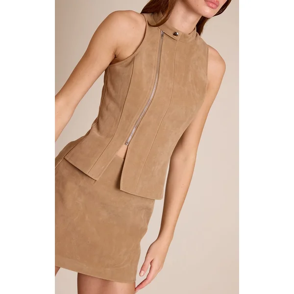 Marron Clair Robe Courte Zippée En Synthétique