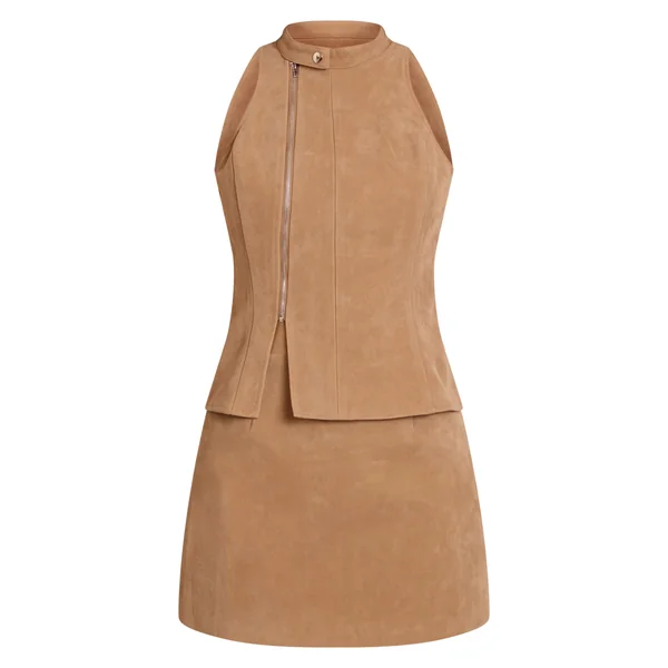 Marron Clair Robe Courte Zippée En Synthétique