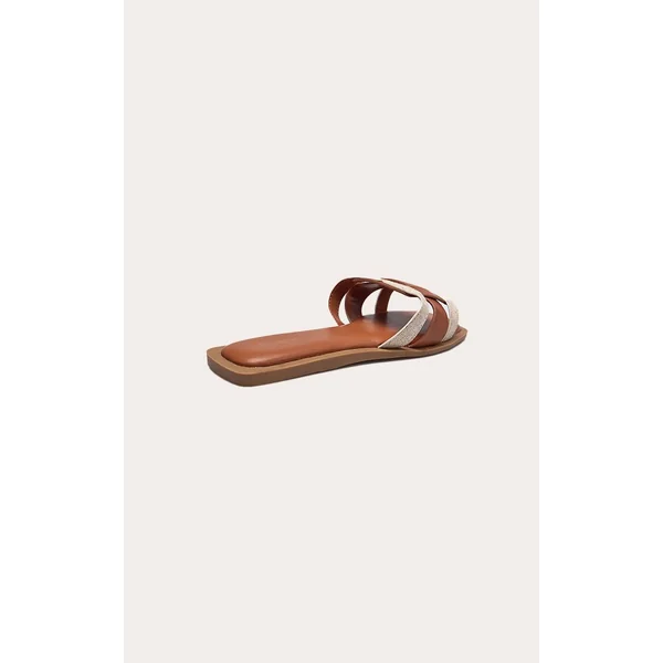 Marron Clair Sandales Mules Plates À Brides Multiples En Synthétiquecuir Et Lin