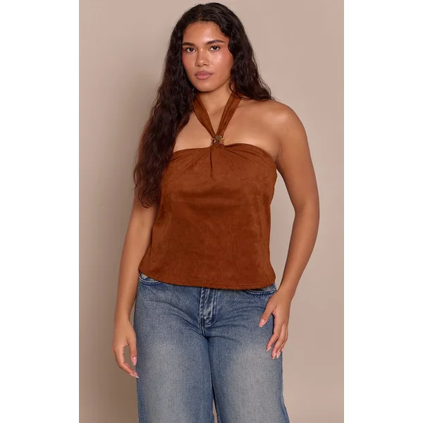 Marron Clair Top Dos-nu Effet Daim Ajusté