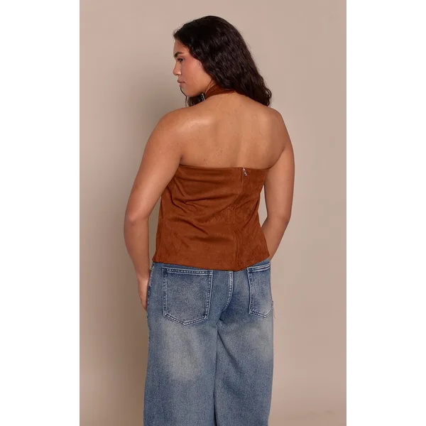 Marron Clair Top Dos-nu Effet Daim Ajusté