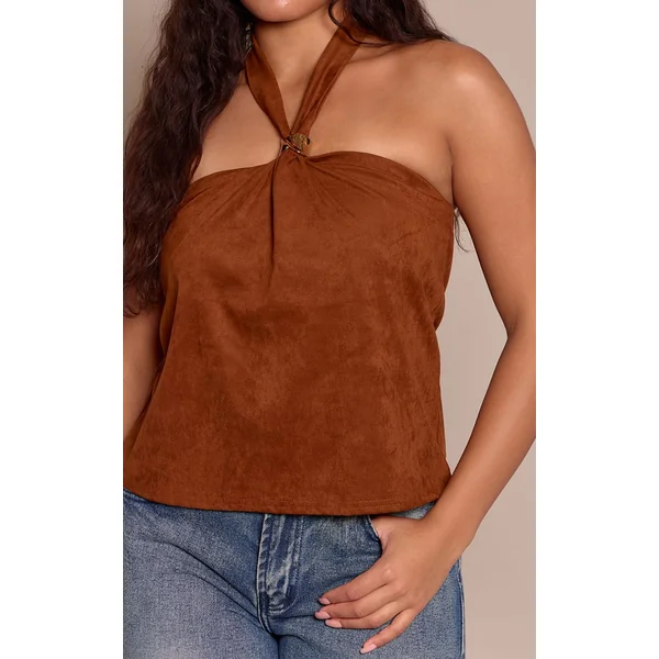Marron Clair Top Dos-nu Effet Daim Ajusté