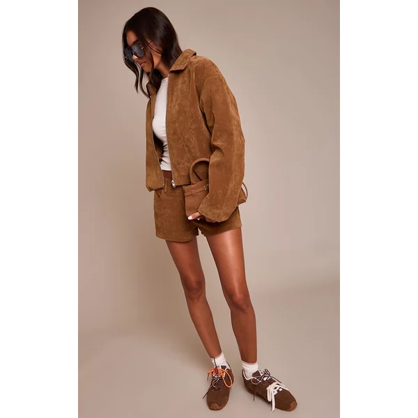 Marron Clair Veste Courte Plissée En Daim Avec Fermeture Éclair