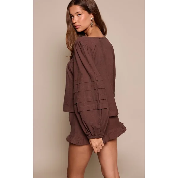 Marron Ensemble Coordonné Blouse En Coton À Manches Ballon