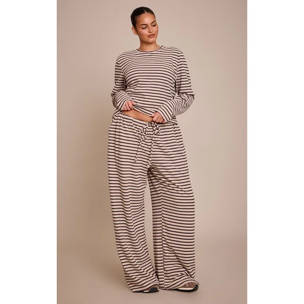 Marron Ensemble Coordonné Jogging Jambe Droite En Molleton Doux Rayé Grande Taille