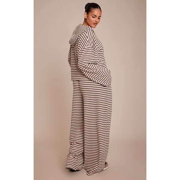 Marron Ensemble Coordonné Jogging Jambe Droite En Molleton Doux Rayé Grande Taille