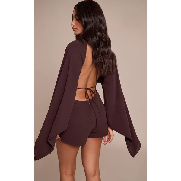 Marron Foncé Combi-short Petite Chocolat Dos Ouvert Fluide Avec Liens À Nouer