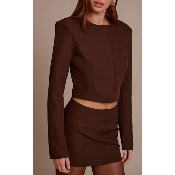Marron Foncé Ensemble Coordonné Jupe Mini Ajustée En Tissu Tissé