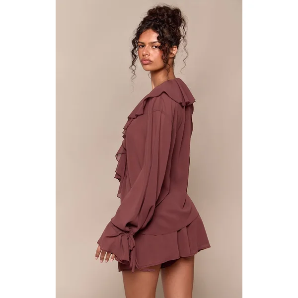 Marron Foncé Ensemble Court Coordonné En Mousseline À Volants Vaporeux