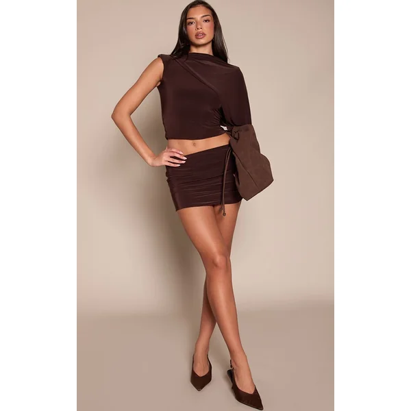 Marron Foncé Haut Moulant Asymétrique À Manche Unique Avec Détails Drapés