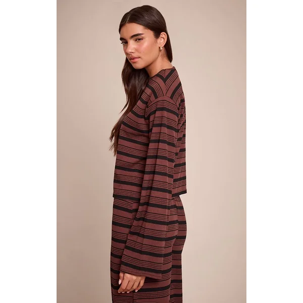 Marron Foncé Haut Polo Oversize Ultra Doux À Rayures