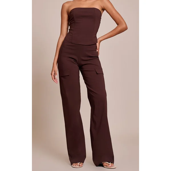 Marron Foncé Pantalon Droit En Tissu Stretch Tissé
