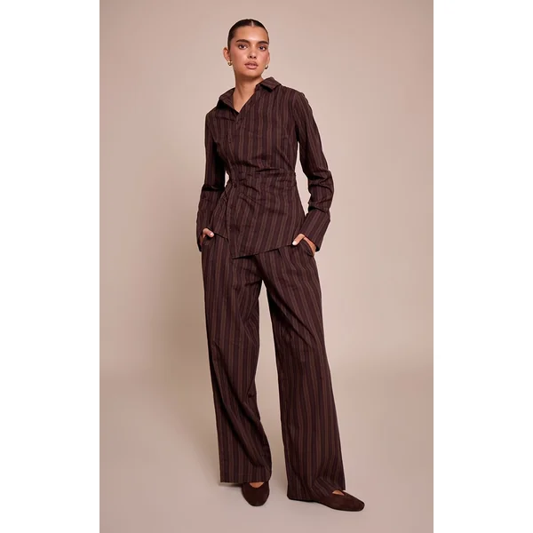 Marron Foncé Pantalon Droit Tissé À Fines Rayures