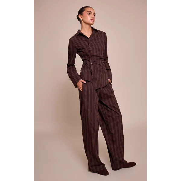 Marron Foncé Pantalon Droit Tissé À Fines Rayures