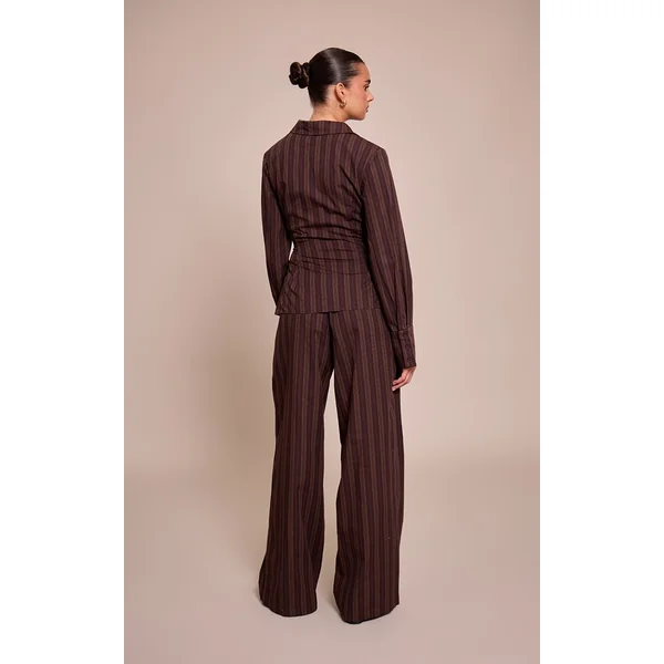 Marron Foncé Pantalon Droit Tissé À Fines Rayures