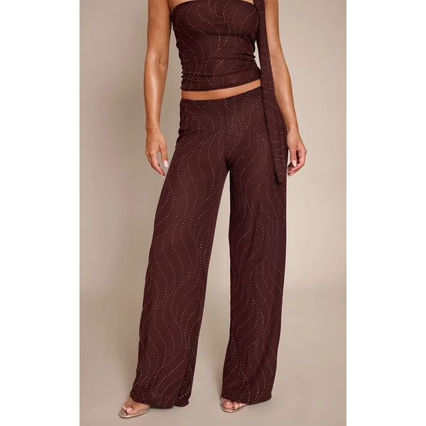 Marron Foncé Pantalon Large En Mesh Orné De Strass Thermocollants